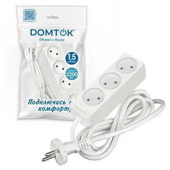 Удлинитель бытовой "DOMTOK" (ЛИДЕР) 3 гнезда, ПВС 2*0,75, 2,2кВт, б/з 1,5м