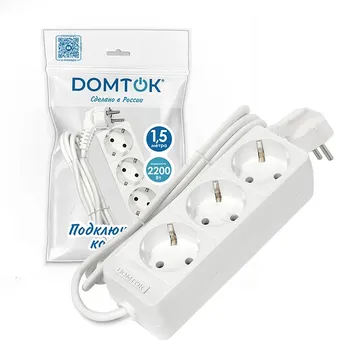 Удлинитель бытовой "DOMTOK" (ЛИДЕР) 3 гнезда, ПВС 3*0,75, 2,2кВт, з/к 1,5м